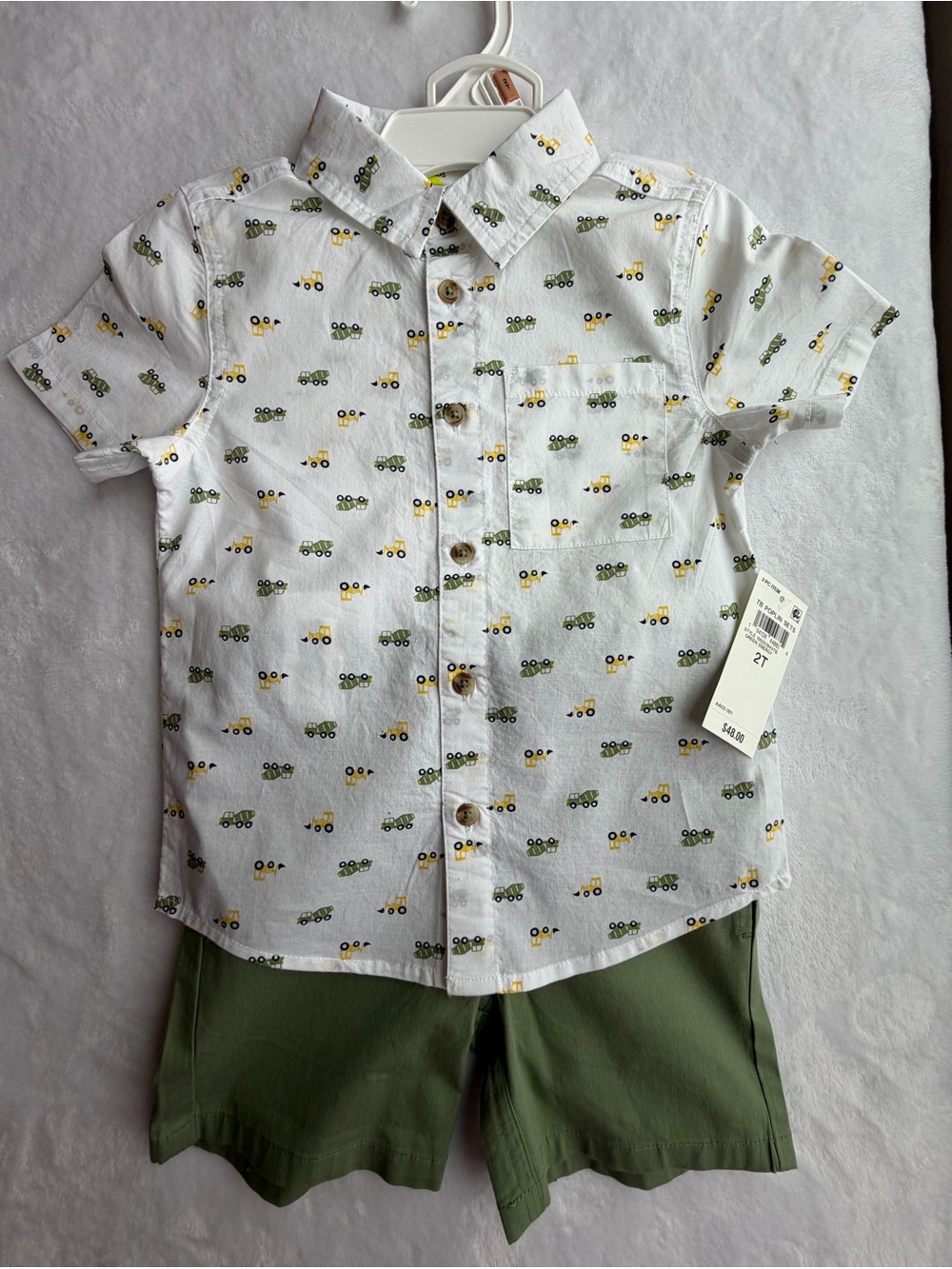 Epic Threads White Short-Sleeve Button Shirt with Green & Yellow Truck Print